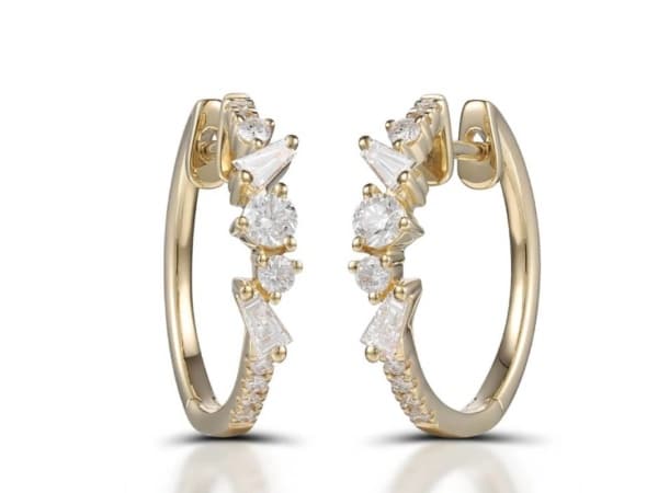 18ct Huggie Medium Size Hoops with Brilliant & Baguette Cuts
