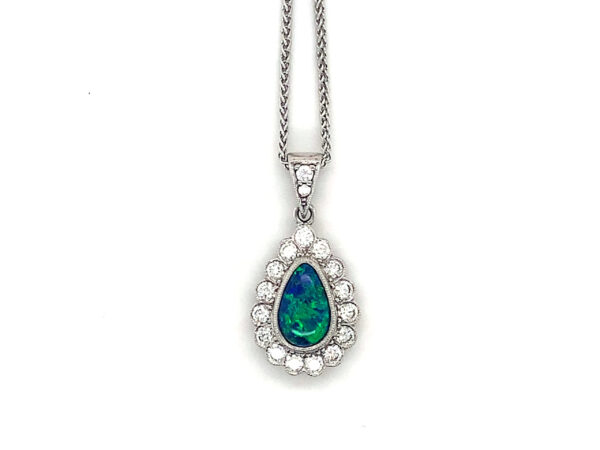 18ct Black Opal and Diamond Pear Shaped Pendant & Chain