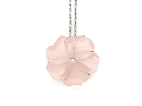 White Gold Rose Quartz Carved Pendant