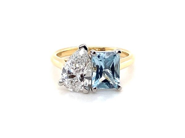 18ct Yellow Gold & Platinium Aquamarine & Lab Grown Diamond Toi Et Moi Ring