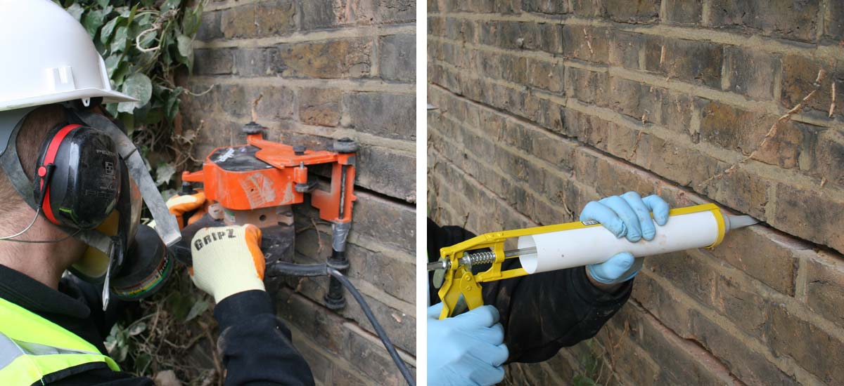 Left: Preparing bed joint using dust-free cutter Right: Resin grout installed to receive stainless steel reinforcement