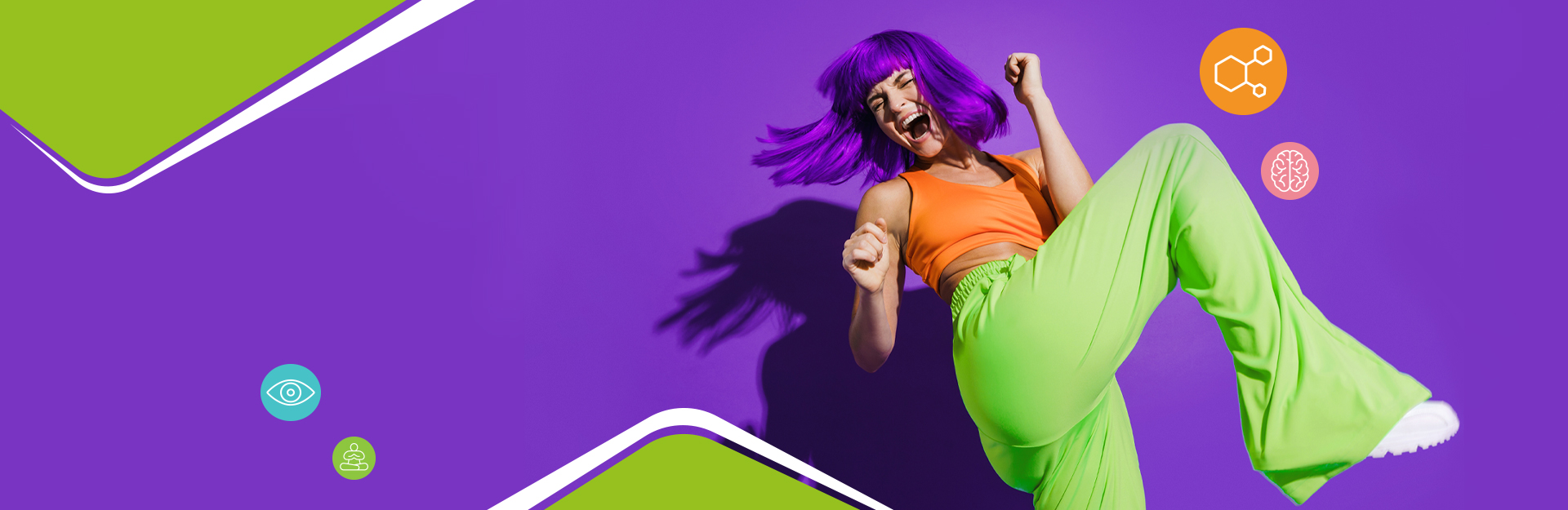 Carefree active woman dancer wearing colorful sportswear having fun against purple background