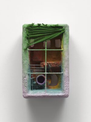 Olivia Bax, Vista, 2025, 64 x 40 x 23 cm, Polystyrene, steel, paper, household paint, PVA, plaster, net, mug