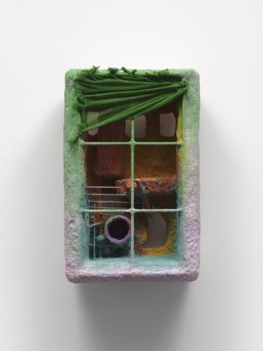 Olivia Bax, Vista, 2025, 64 x 40 x 23 cm, Polystyrene, steel, paper, household paint, PVA, plaster, net, mug