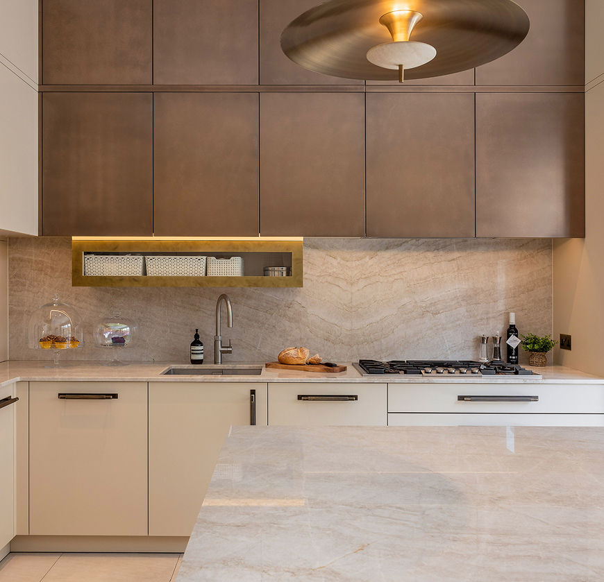 Modern luxury kitchen with bronze upper cabinets