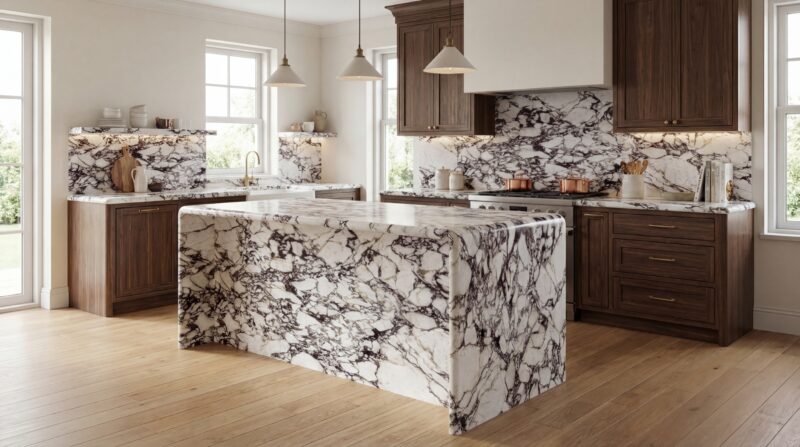 natural stone kitchen island with bold veining