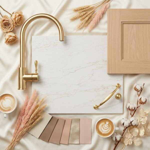     quartz sample layout with warm tones and finishes