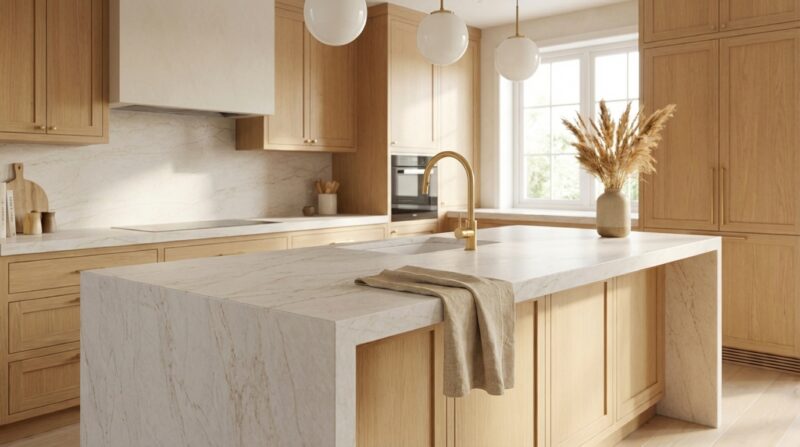     perla venata quartz surface in warm neutral kitchen design