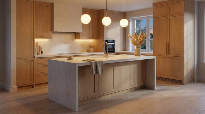     perla venata quartz surface in warm neutral kitchen design