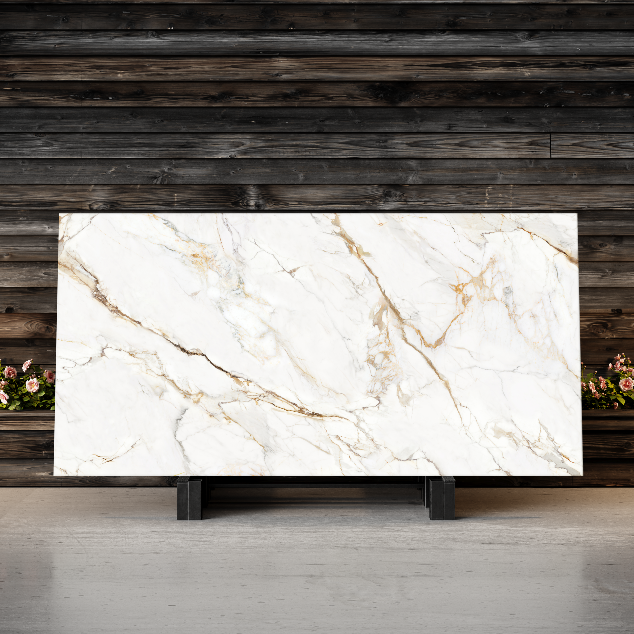 white slab of stone with gold threads