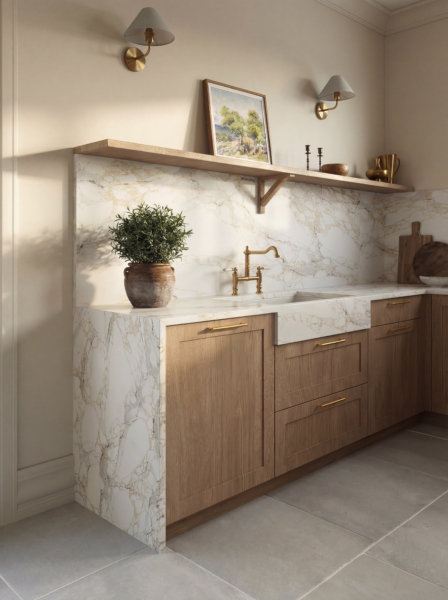     luxury bathroom with vagli oro quartz surfaces