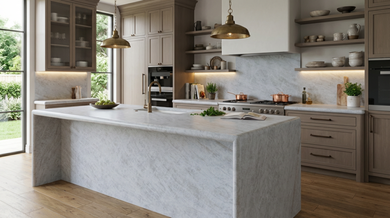     taj mahal quartz kitchen island with integrated sink