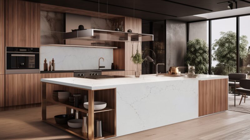 modern kitchen with bespoke stone island