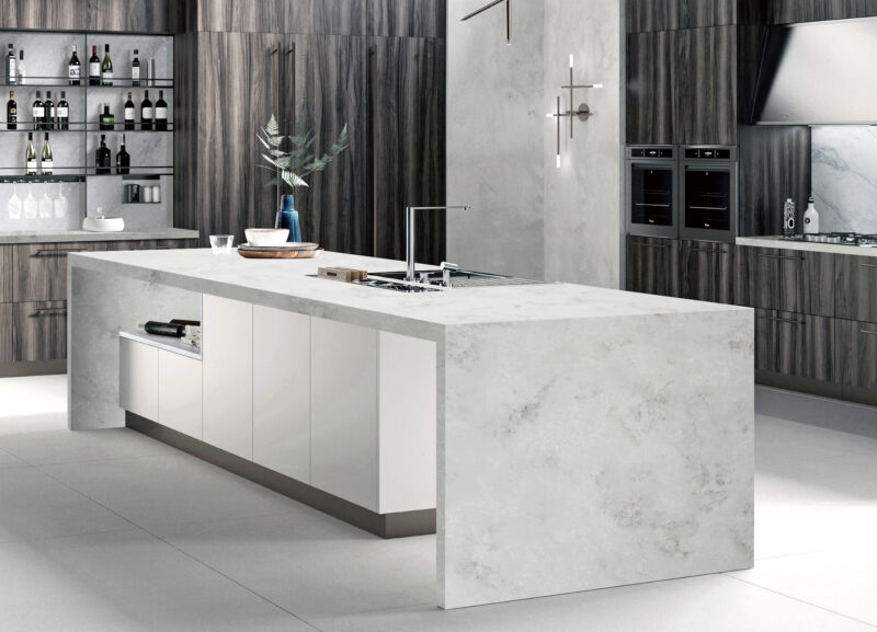     modern kitchen with pietra nube quartz worktop