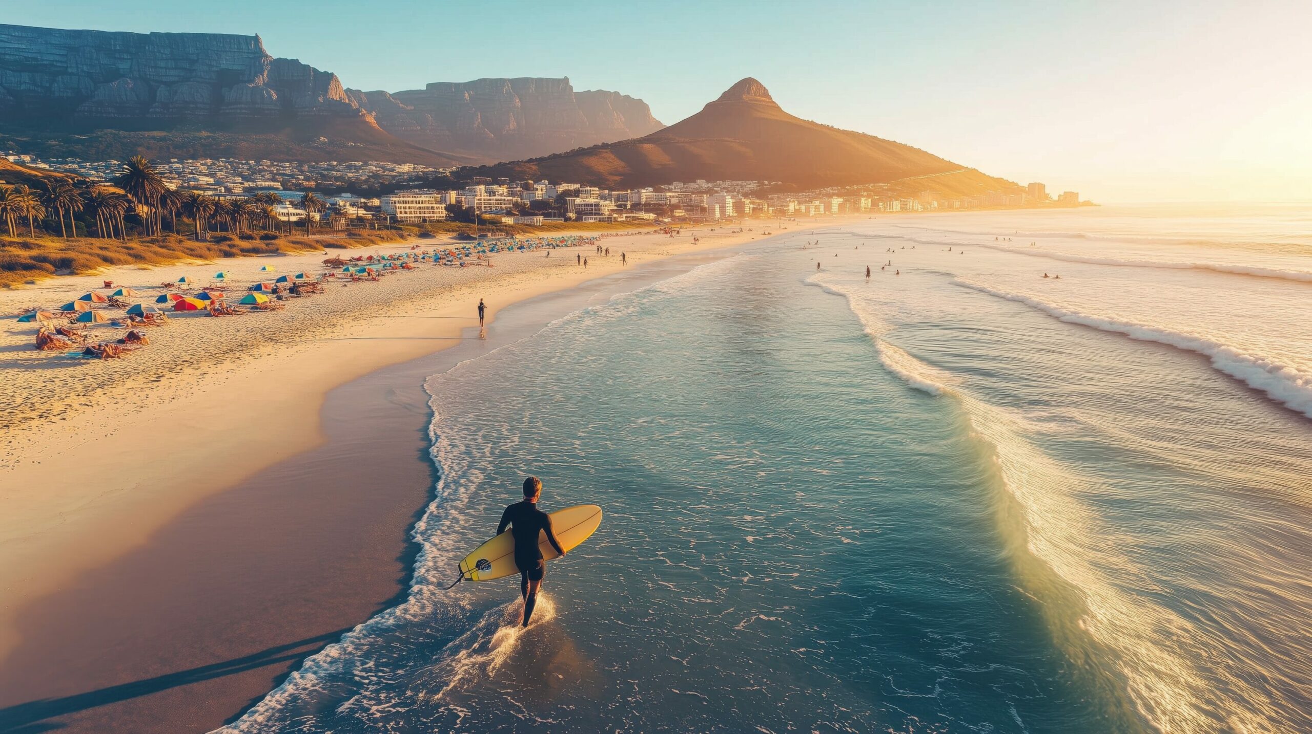 A surfer enters the clear Atlantic Ocean, with Table Mountain behind and a vibrant beach scene.