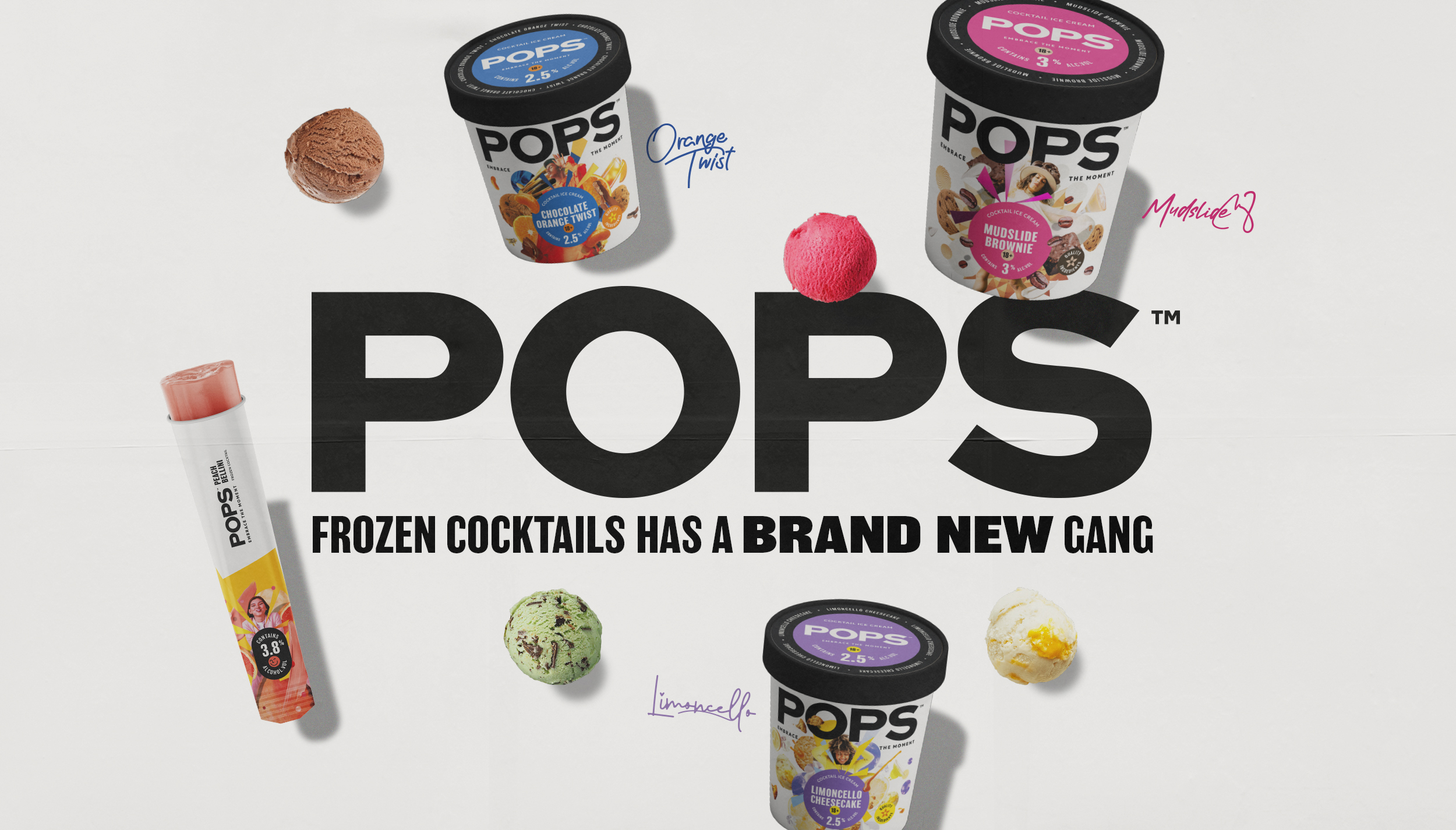 Creative branding project for POPS frozen cocktails, showcasing colorful packaging designs for flavors like chocolate orange twist, mudslide brownie, and limoncello cheesecake with bold typography.