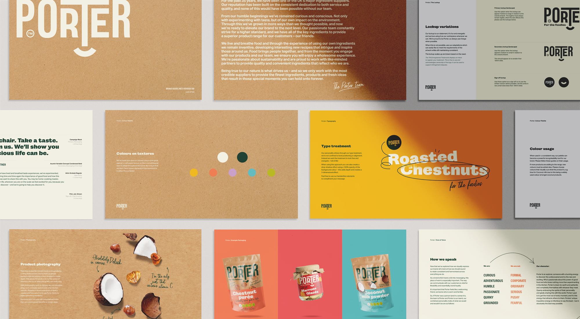 Porter brand guidelines showing packaging, colours, and typography.