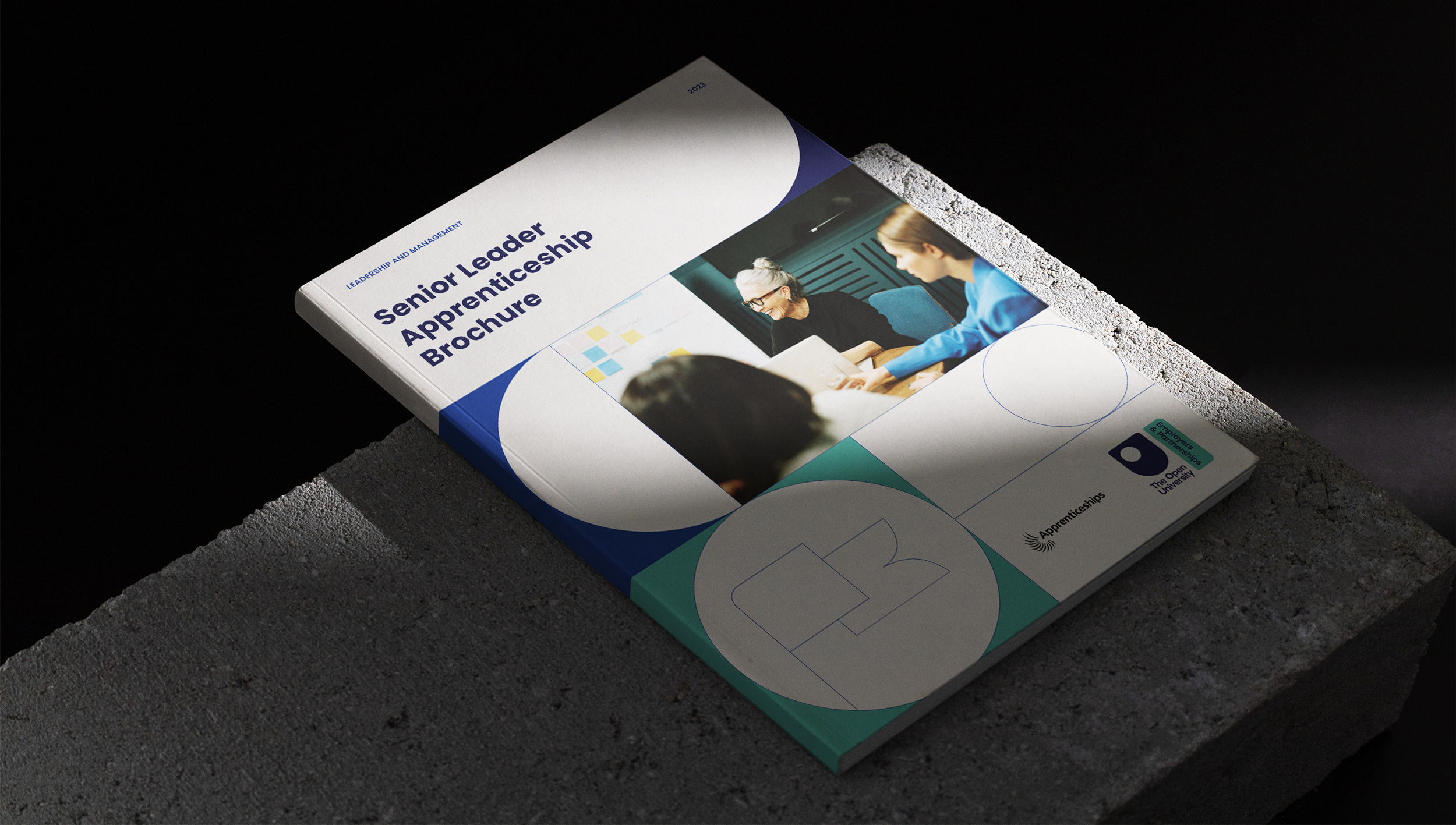 The cover of The Open University's "Senior Leader Apprenticeship" brochure, showcasing the clean and modern print design.