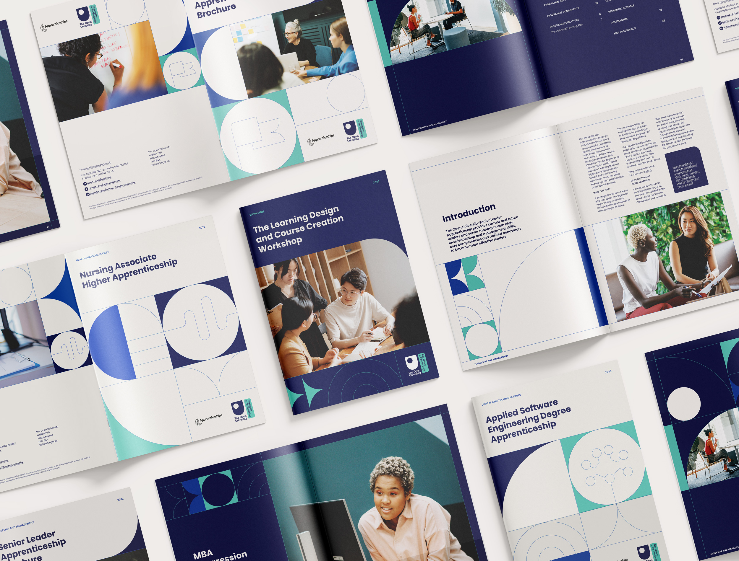  A collection of professionally designed brochures for The Open University's various apprenticeship programs and workshops.