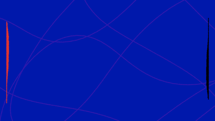 An abstract motion graphic with vibrating red and black shapes against a dynamic blue background.