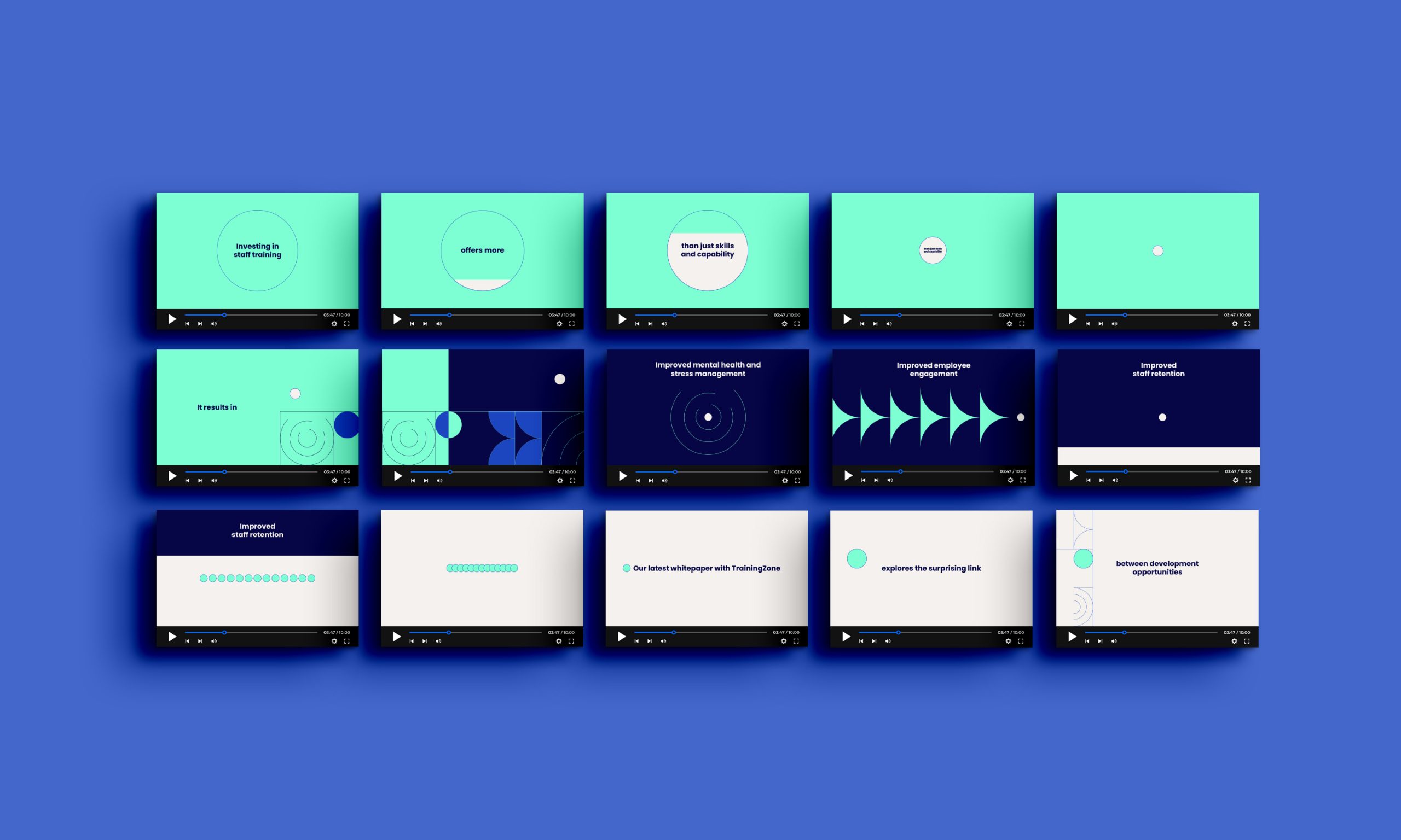 A storyboard of animation stills from an educational video for The Open University, outlining the benefits of staff training.