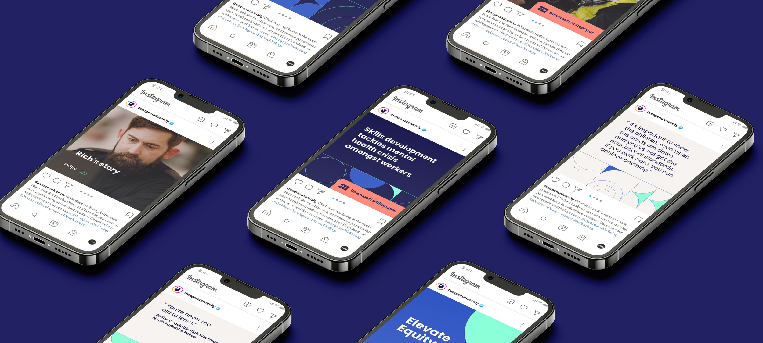 A series of smartphones displaying The Open University's brand-aligned Instagram posts and social media campaign creative.