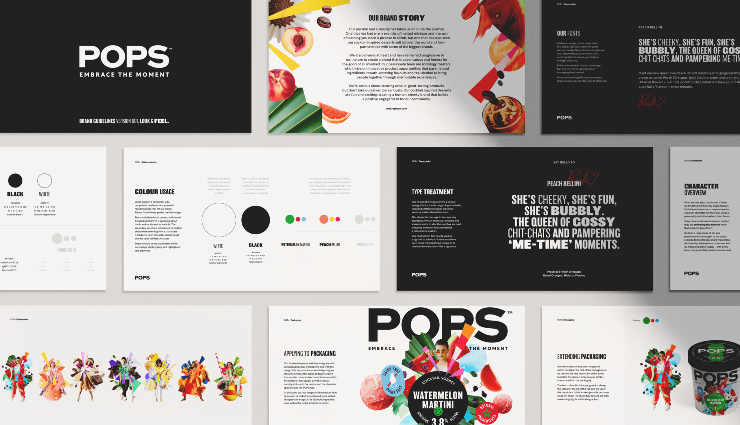 A collage of brand guideline pages for the brand "POPS", displaying their logo, color palette, typography, and packaging designs.