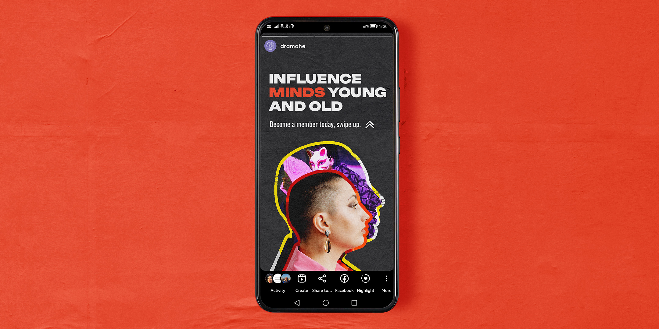 A smartphone displaying a branded DramaHE Instagram Story, showcasing their social media marketing and visual design.