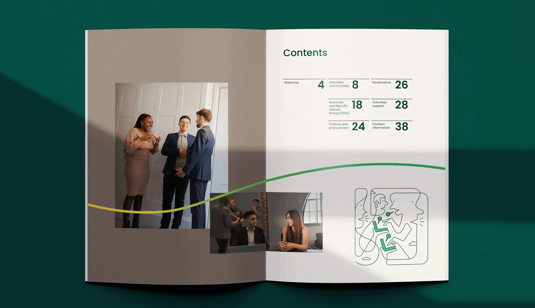 Open brochure spread with table of contents and images of diverse professionals networking