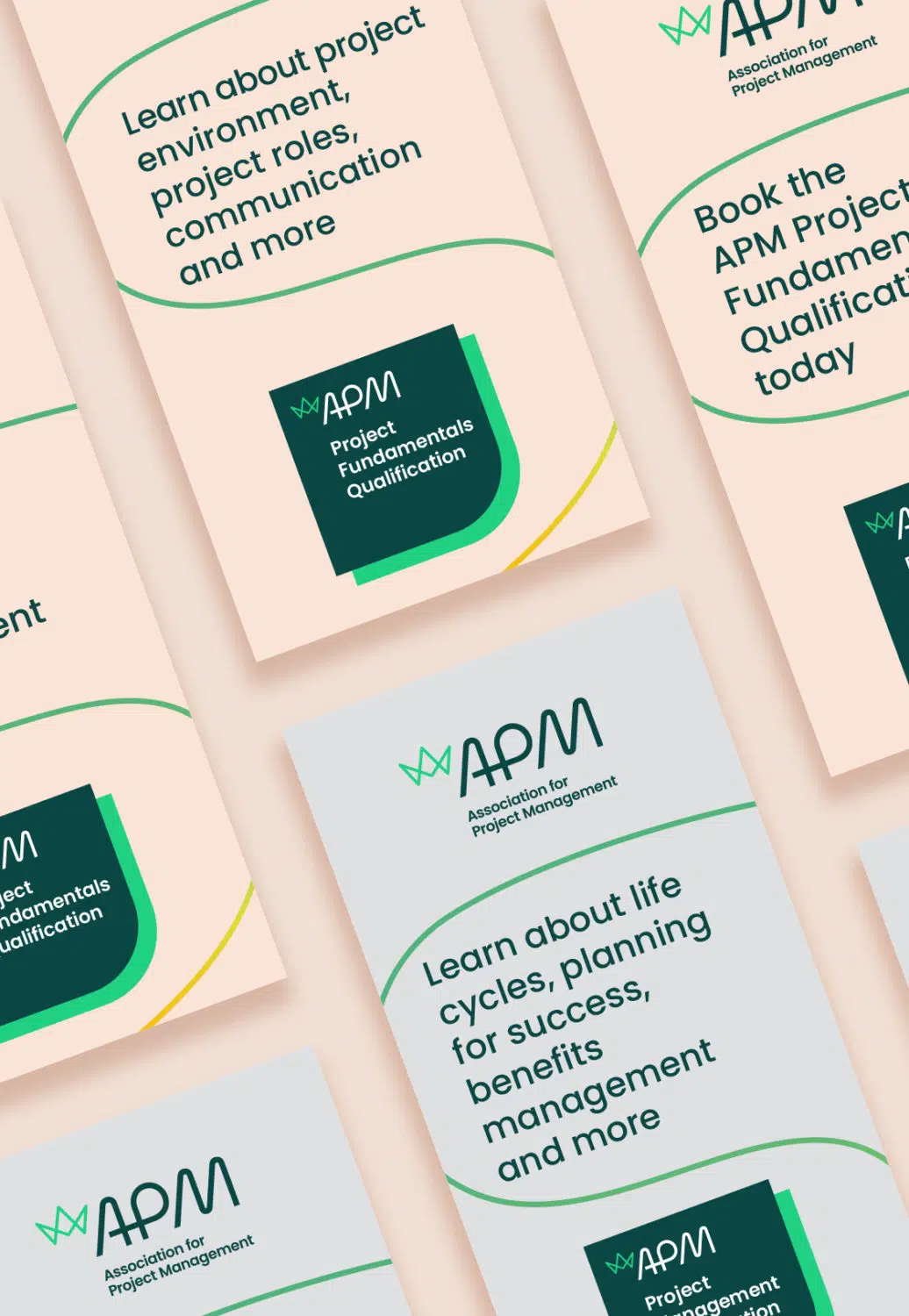Print marketing materials for APM’s Project Fundamentals Qualification, showcasing clean, modern design with bold typography and brand colors.