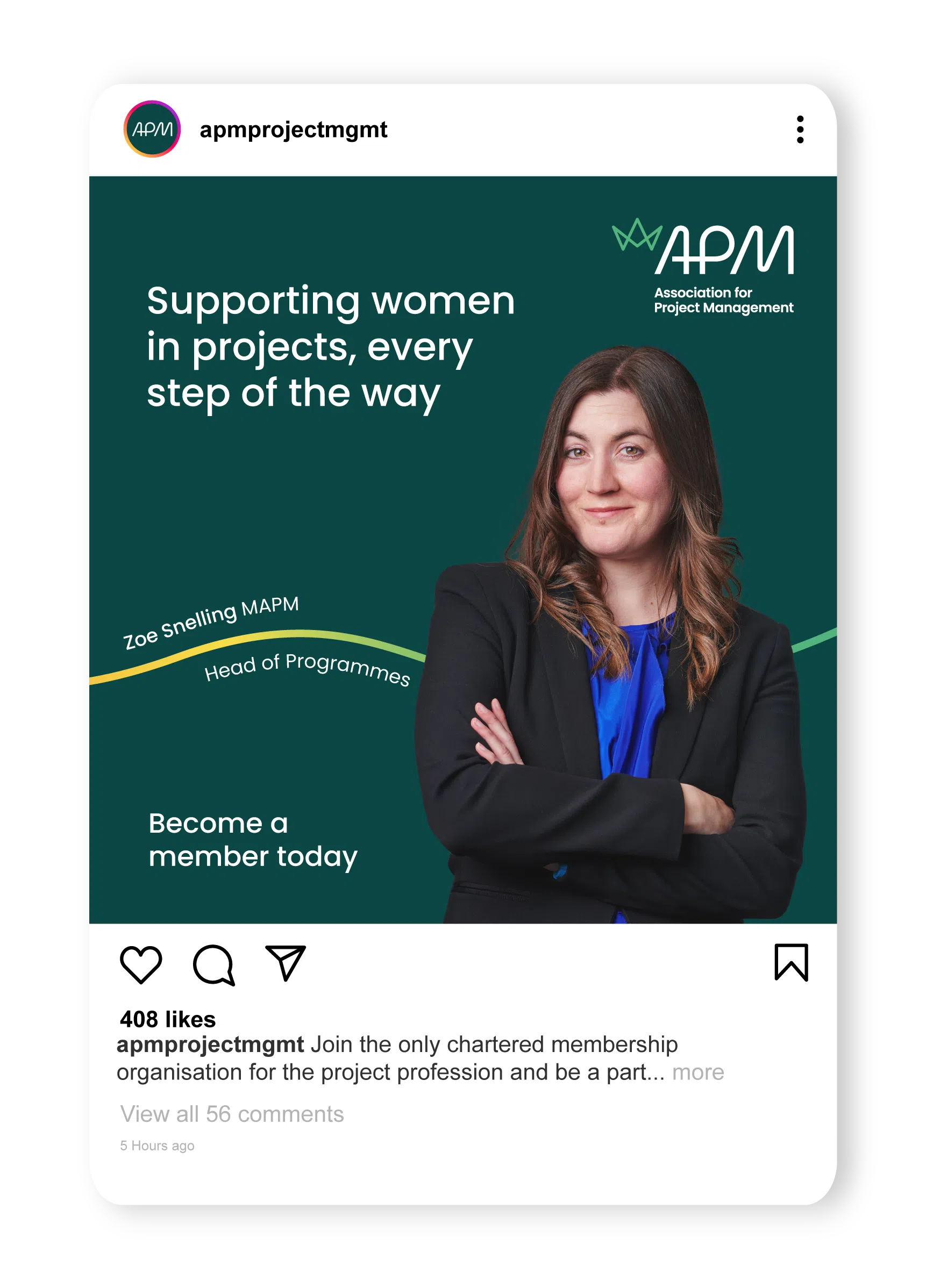Instagram post featuring a woman leader in project management with the message ‘Supporting women in projects, every step of the way,’ encouraging membership.