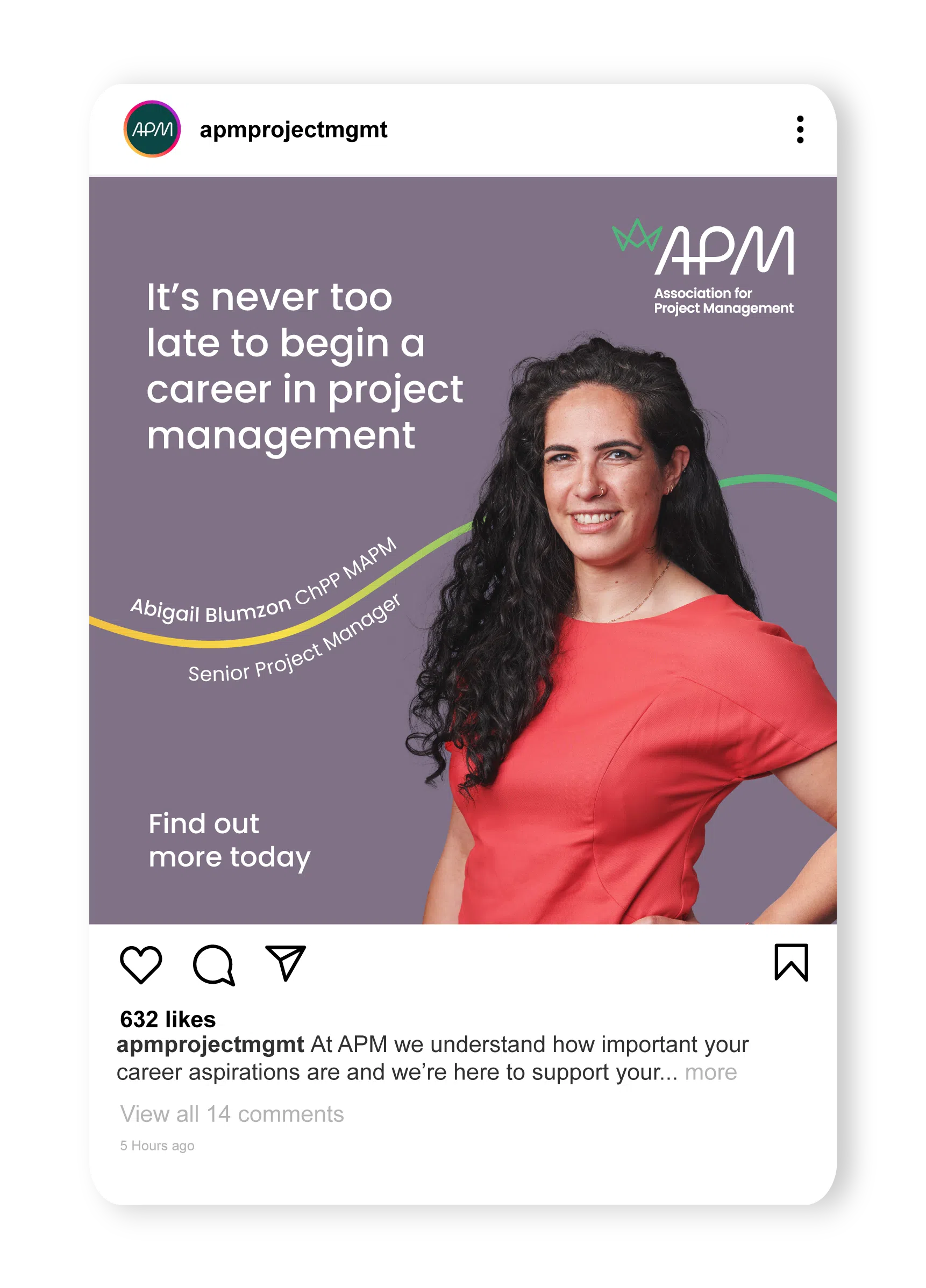 Instagram post featuring a senior project manager with the message ‘It’s never too late to begin a career in project management’