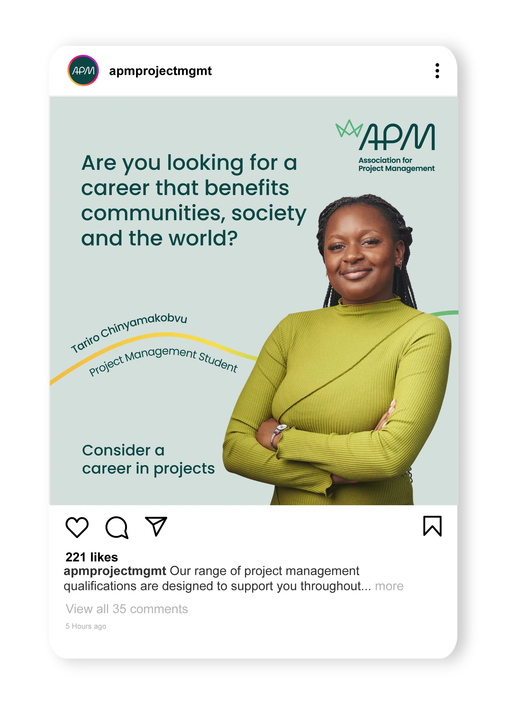 Instagram post highlighting career opportunities in project management, featuring a project management student and the message ‘Consider a career in projects.