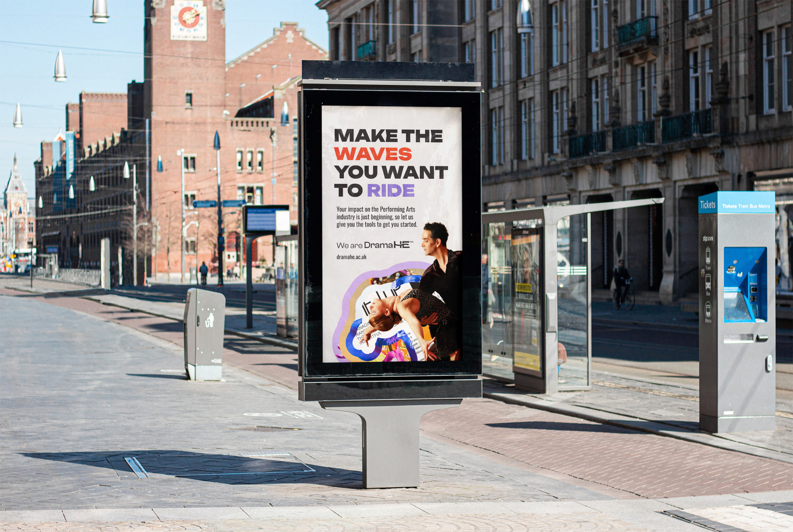 A vertical DramaHE billboard advertisement on a European city street, part of their performance arts brand campaign.
