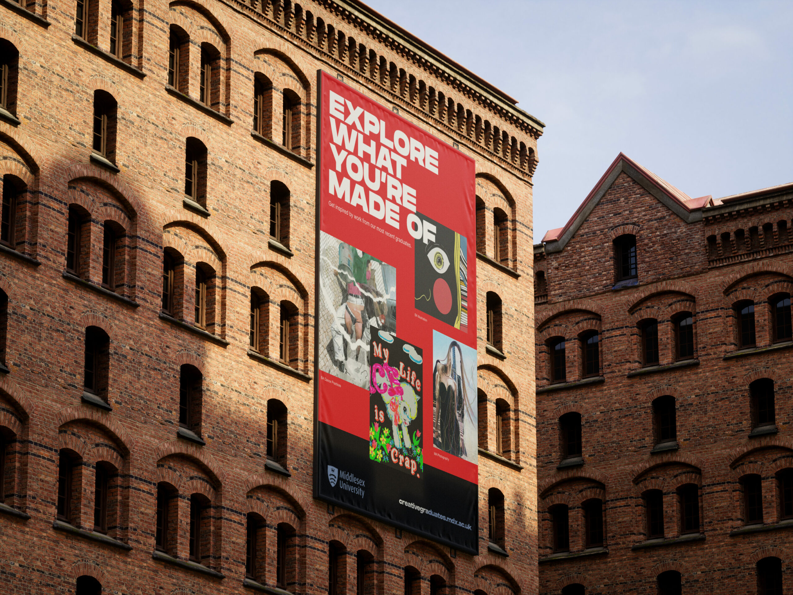 A large outdoor billboard for a Middlesex University campaign, hanging on the side of a large brick building.