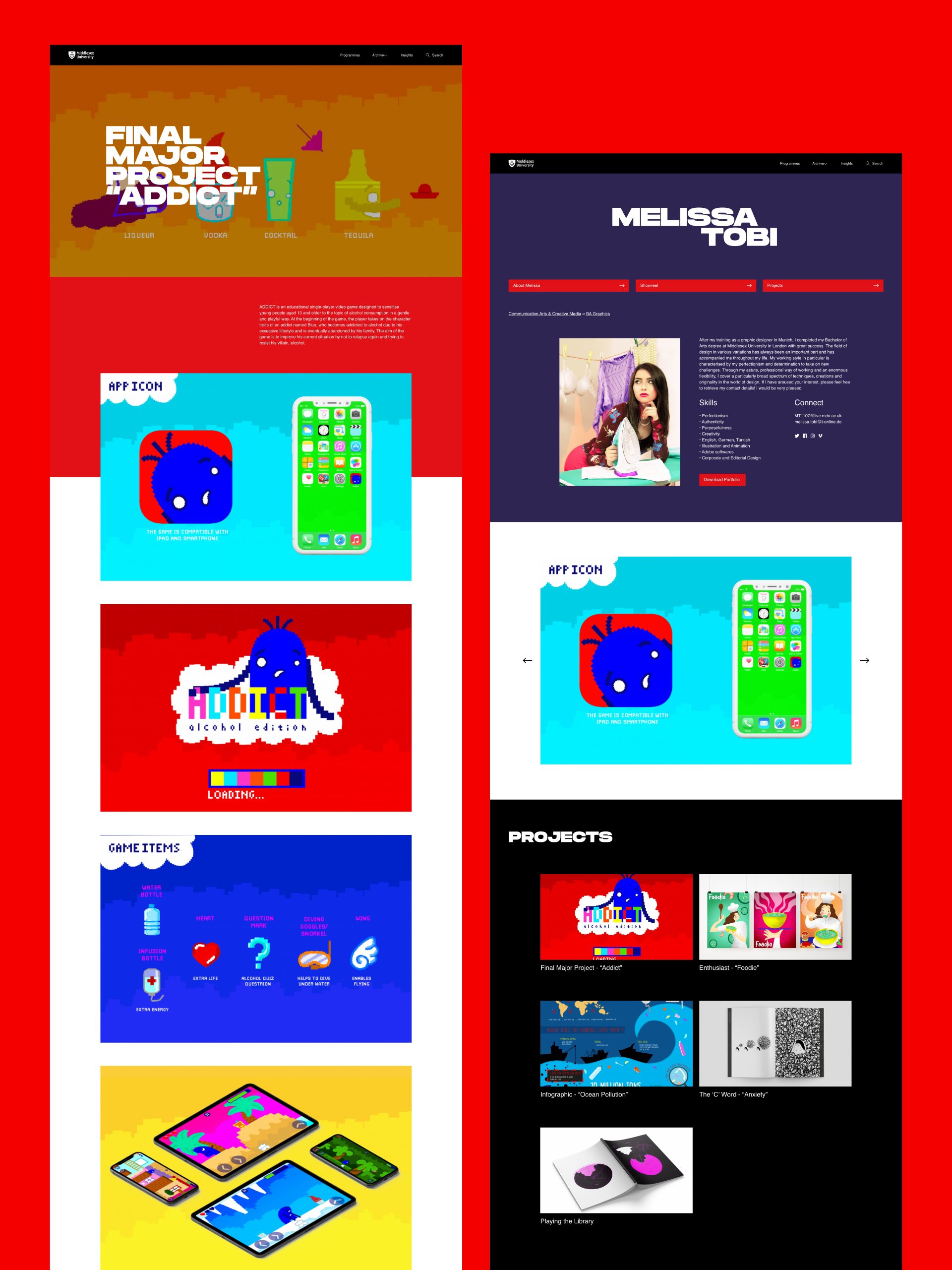 Colorful web pages displaying graduate portfolios and projects.