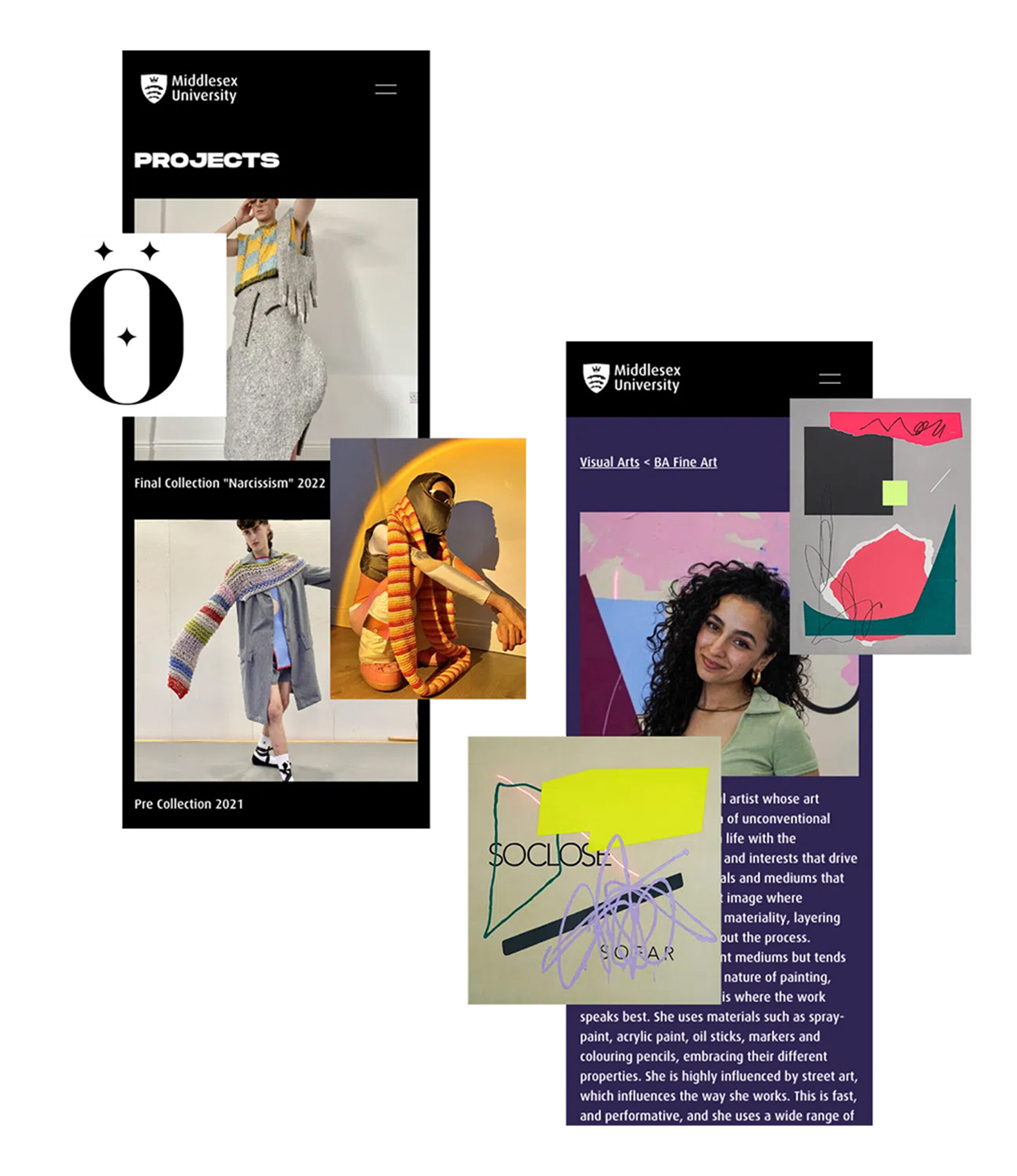 Mobile screens showing Middlesex University student creative projects.