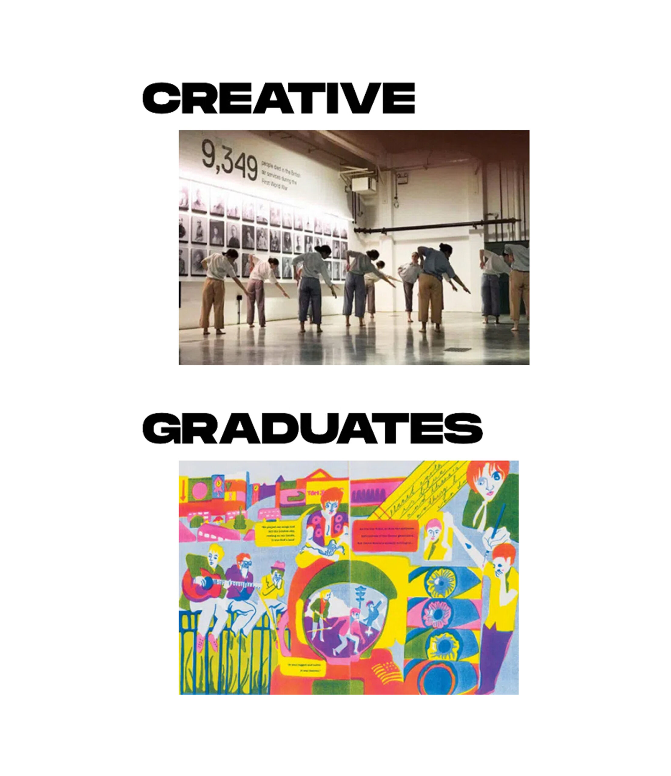 Text “Creative Graduates” with student artwork and exhibition photo.