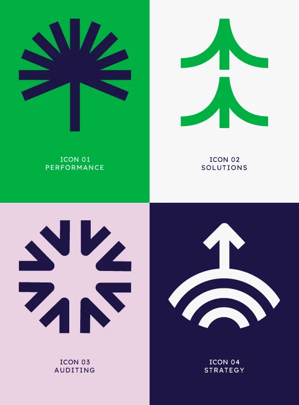 A grid of four custom-designed icons representing Rooted's key marketing services, part of their brand identity.