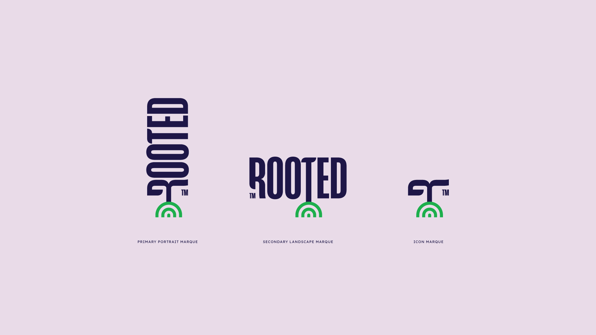 The different logo lockups for the Rooted brand, including portrait, landscape, and icon variations.