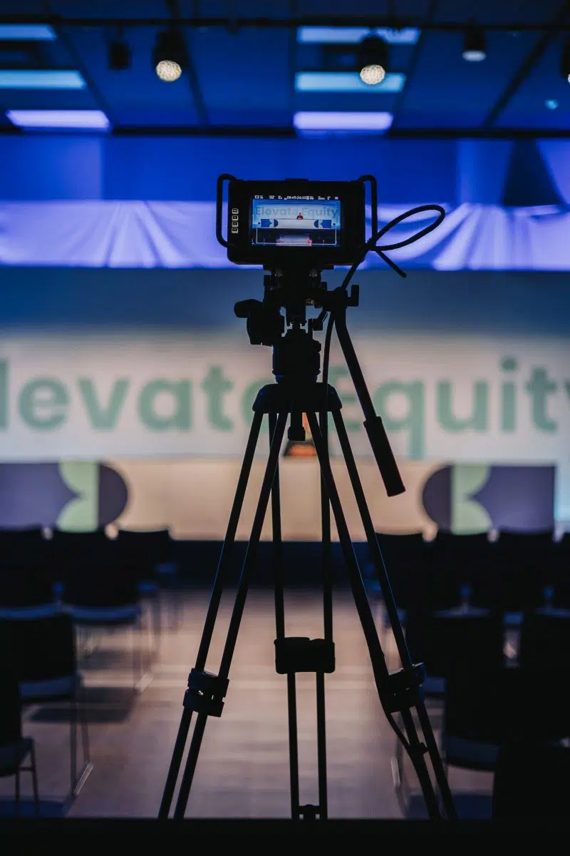 Camera set up to record the Elevate Equity live panel event focused on diversity and inclusion in the workplace.
