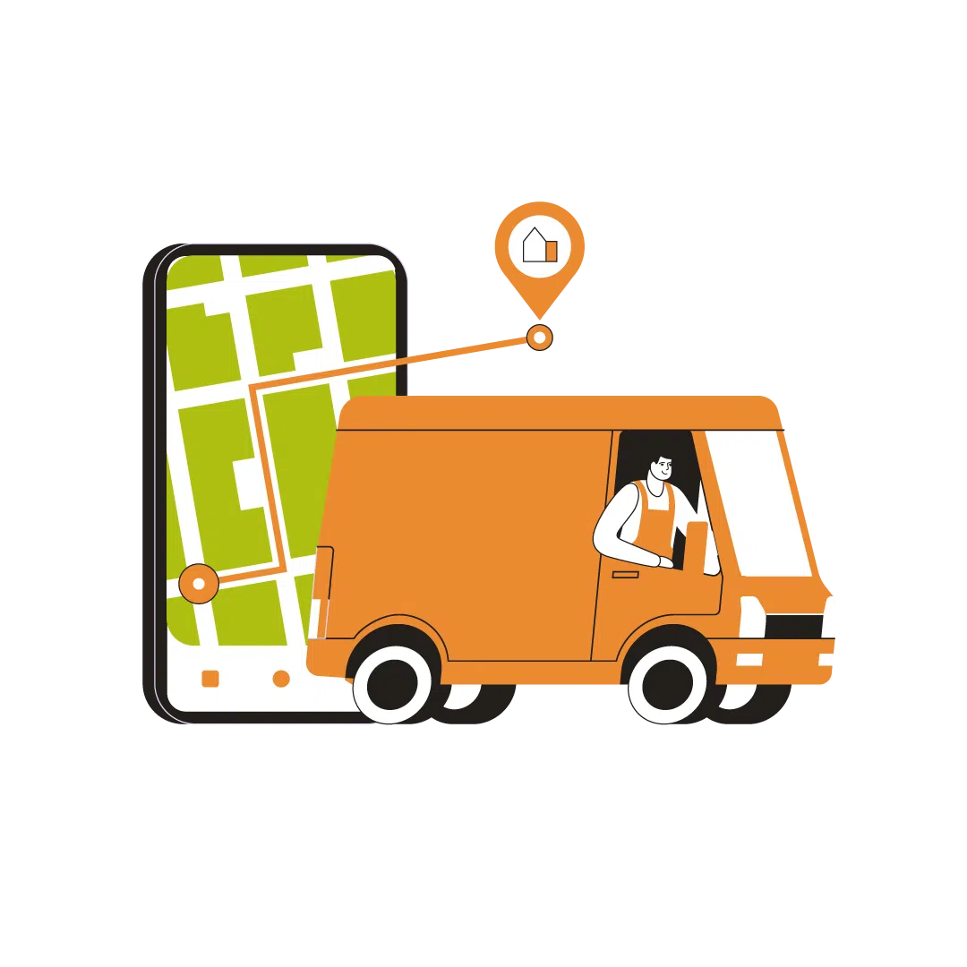 Woodfines illustration of a delivery van with a map and location pin
