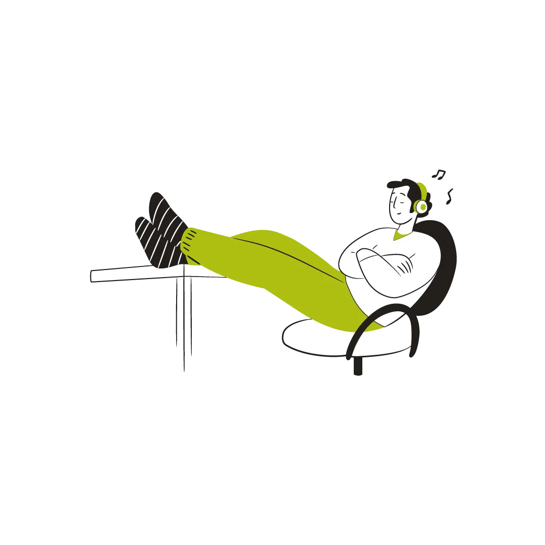 Woodfines illustration of a person relaxing at a desk with headphones