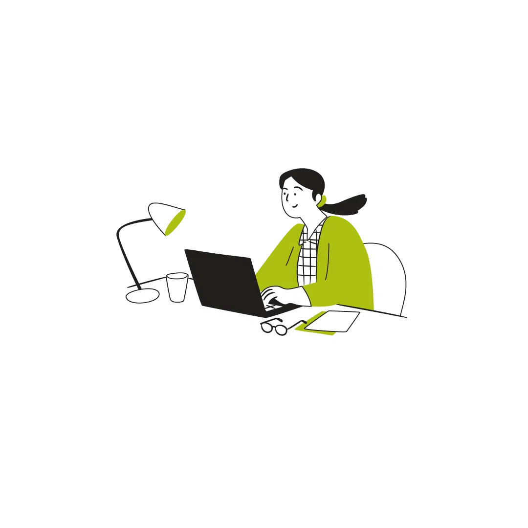 Woodfines illustration of a person working on a laptop at a desk