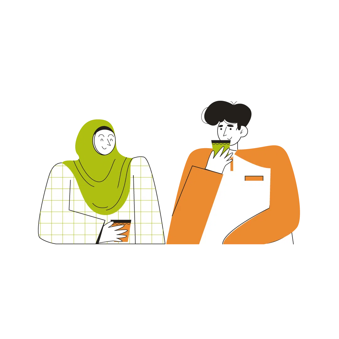 Woodfines illustration of two people enjoying drinks and conversation