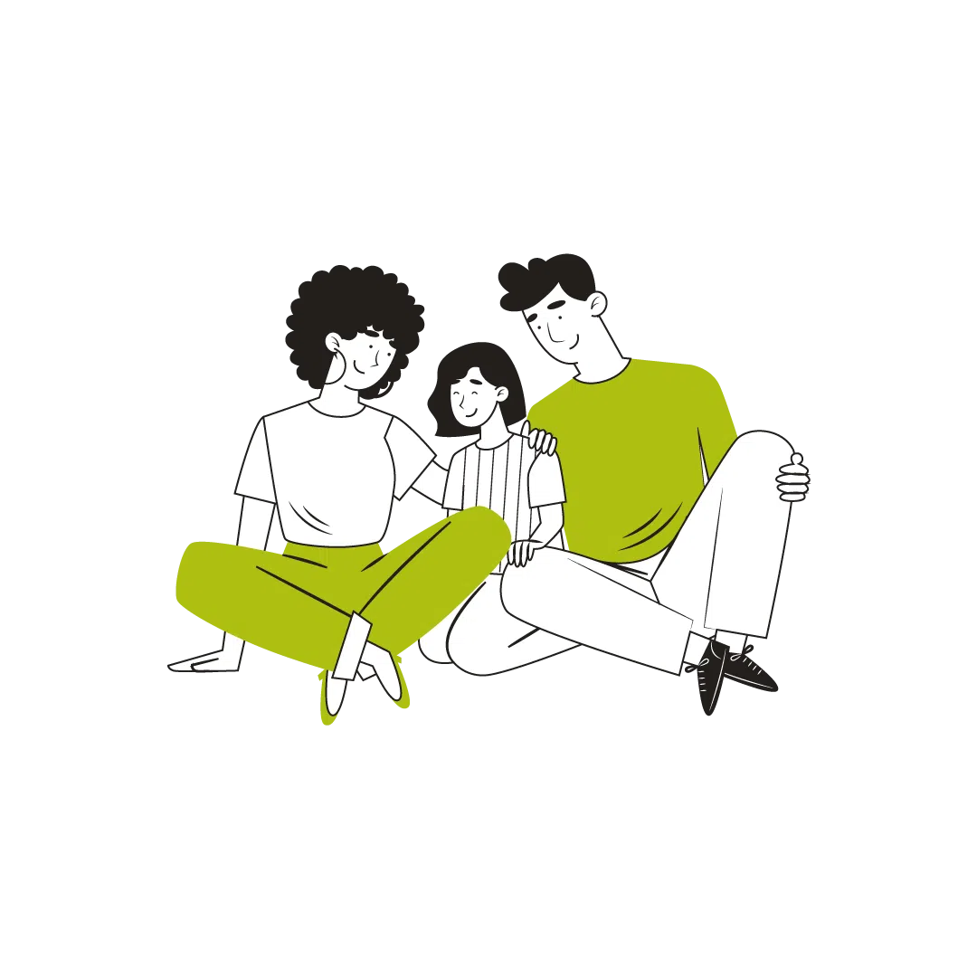 Woodfines illustration of happy family sitting together