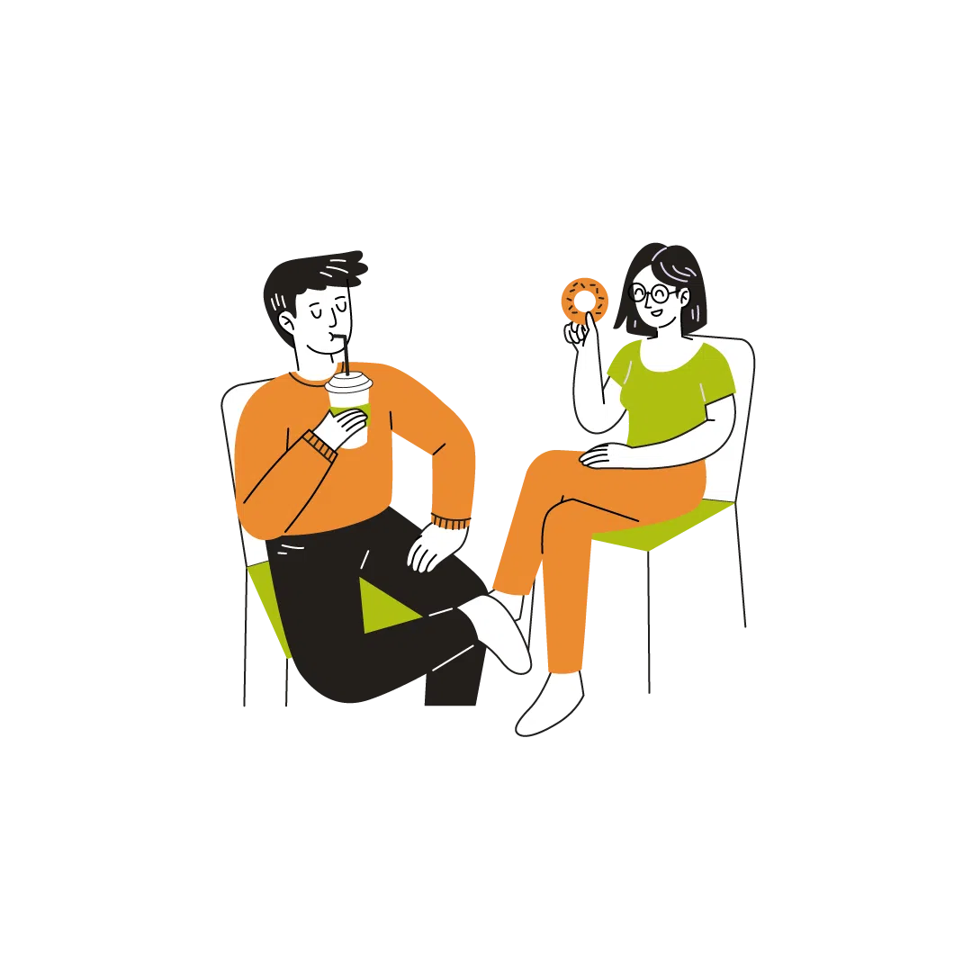 Woodfines illustration of two people sharing drinks and doughnuts