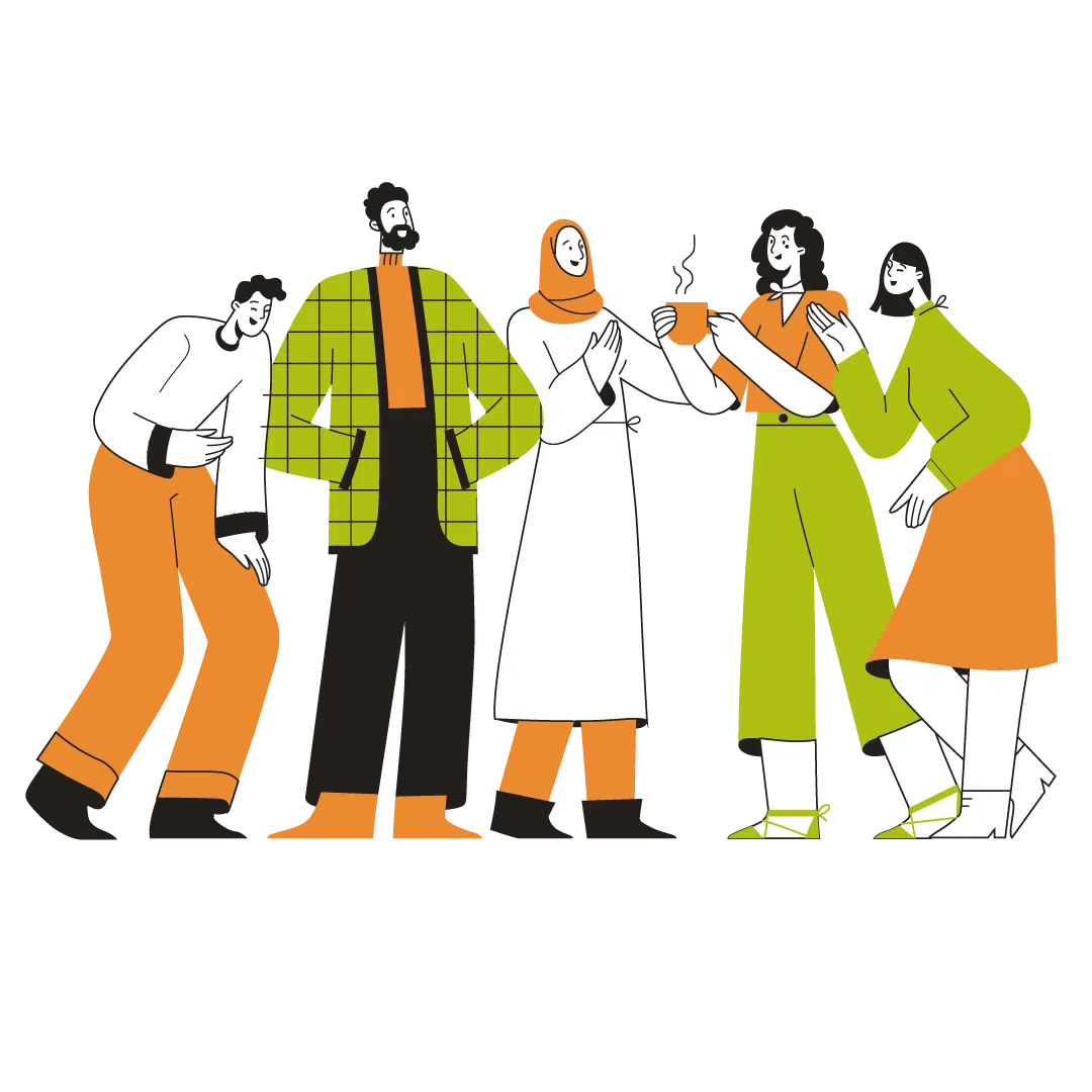 Woodfines illustration of diverse group of people chatting and connecting