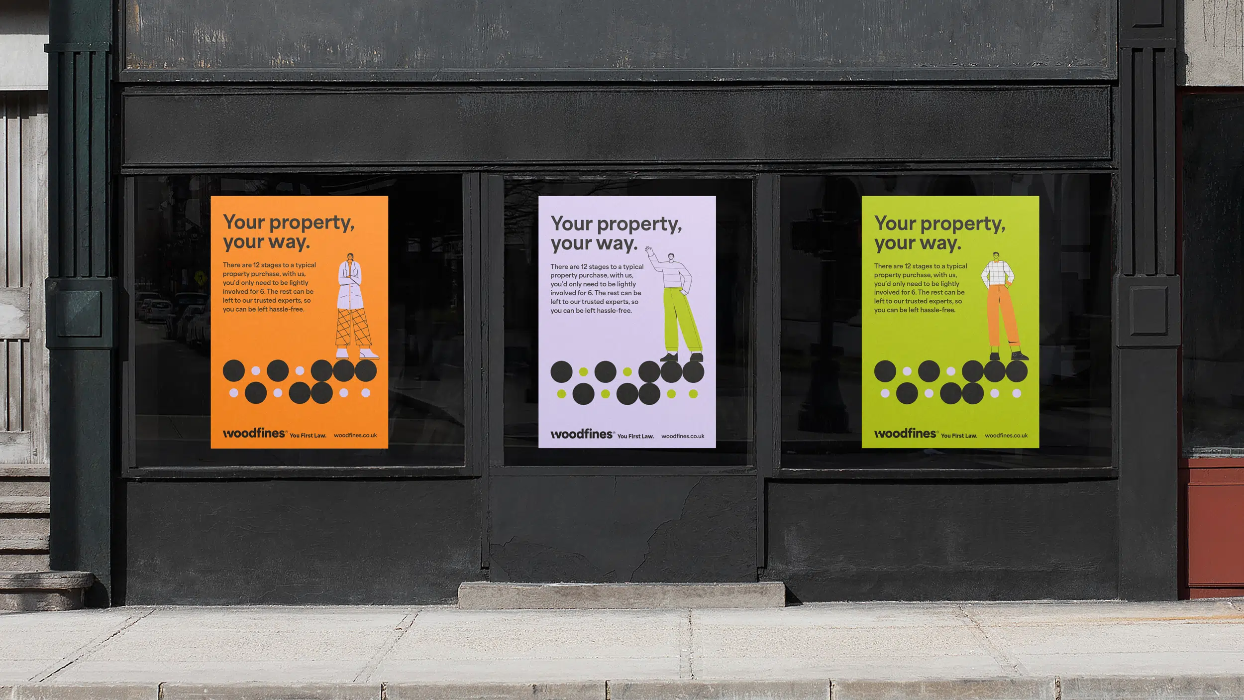 Woodfines property posters with illustrations promoting hassle-free legal services