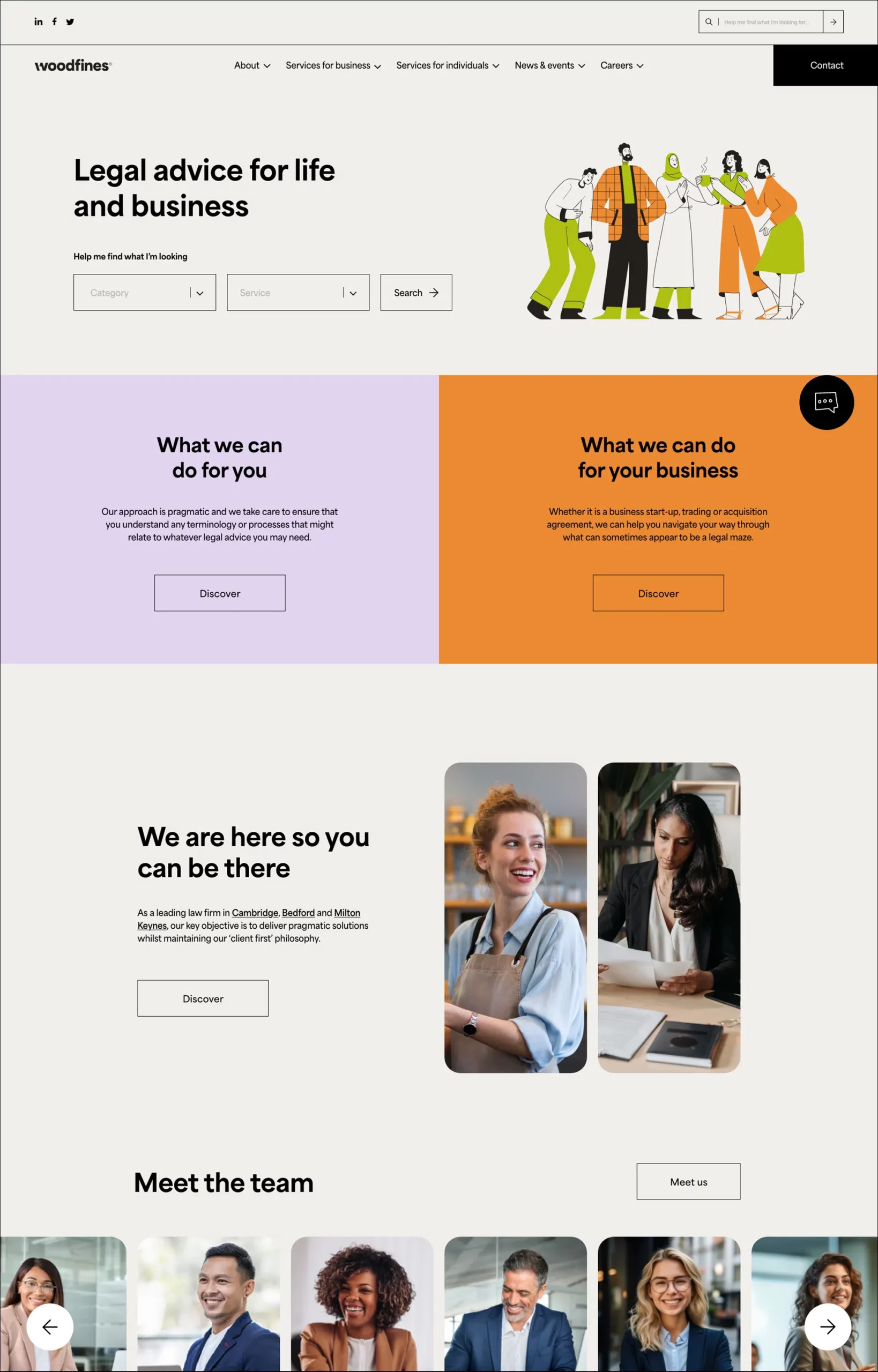 Woodfines website homepage showcasing services and diverse team
